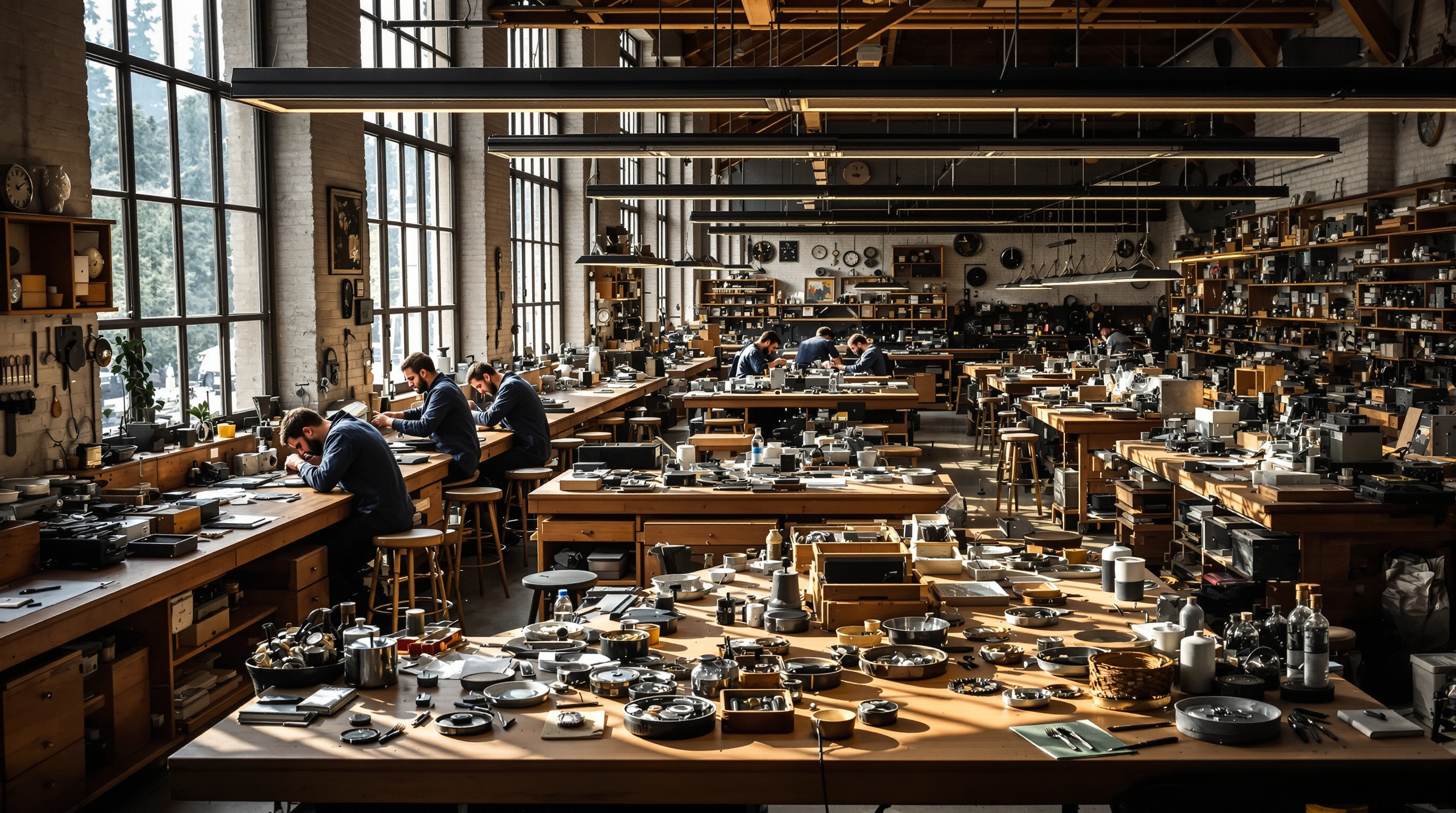 Swiss watchmaking atelier with craftspeople at work