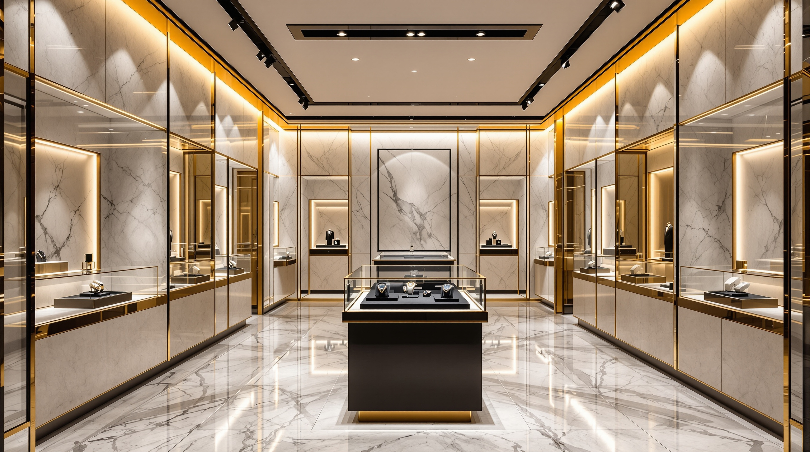 Elegant luxury watch boutique interior with glass display cases