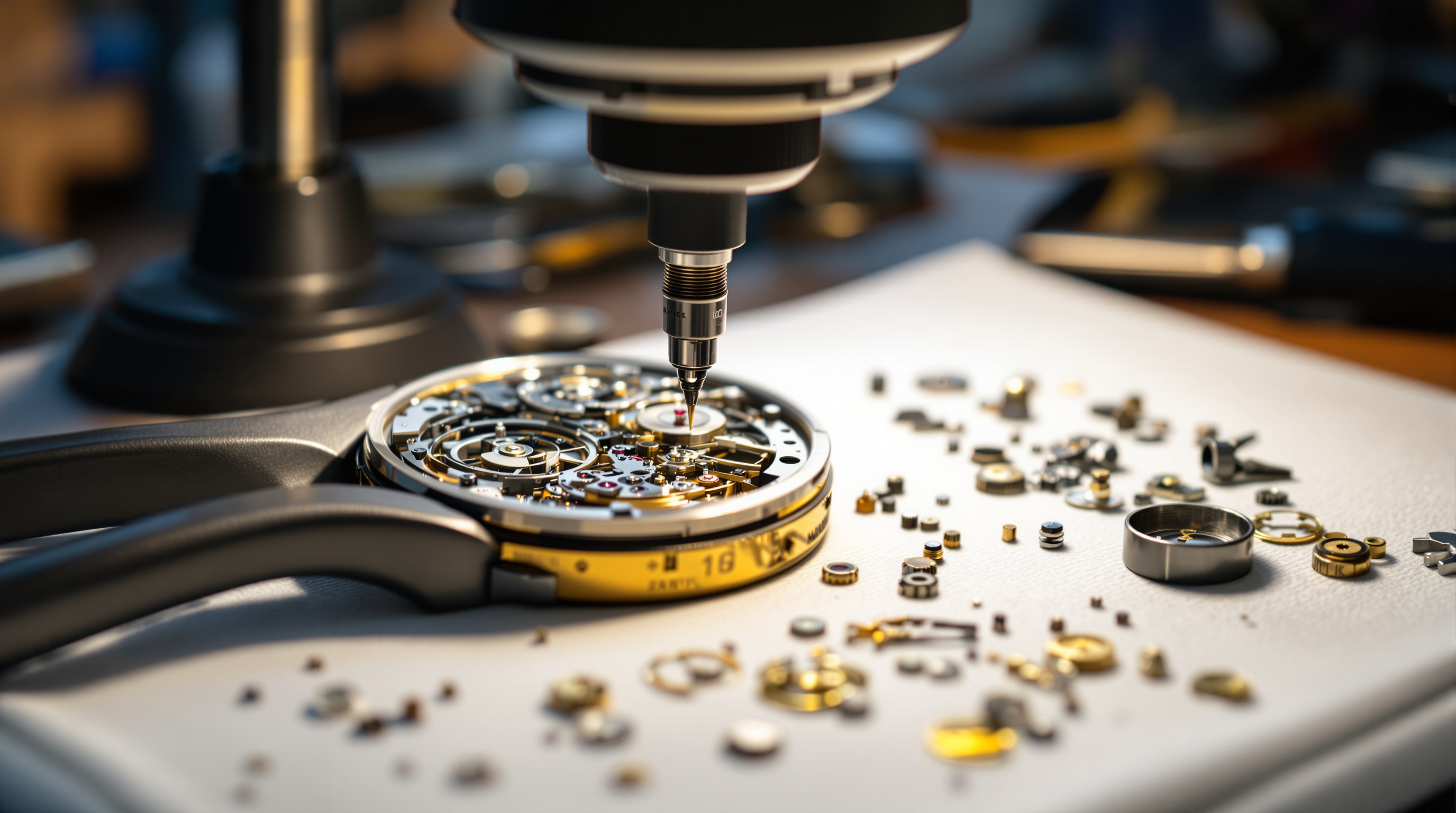 Master watchmaker servicing a mechanical watch movement at a workbench
