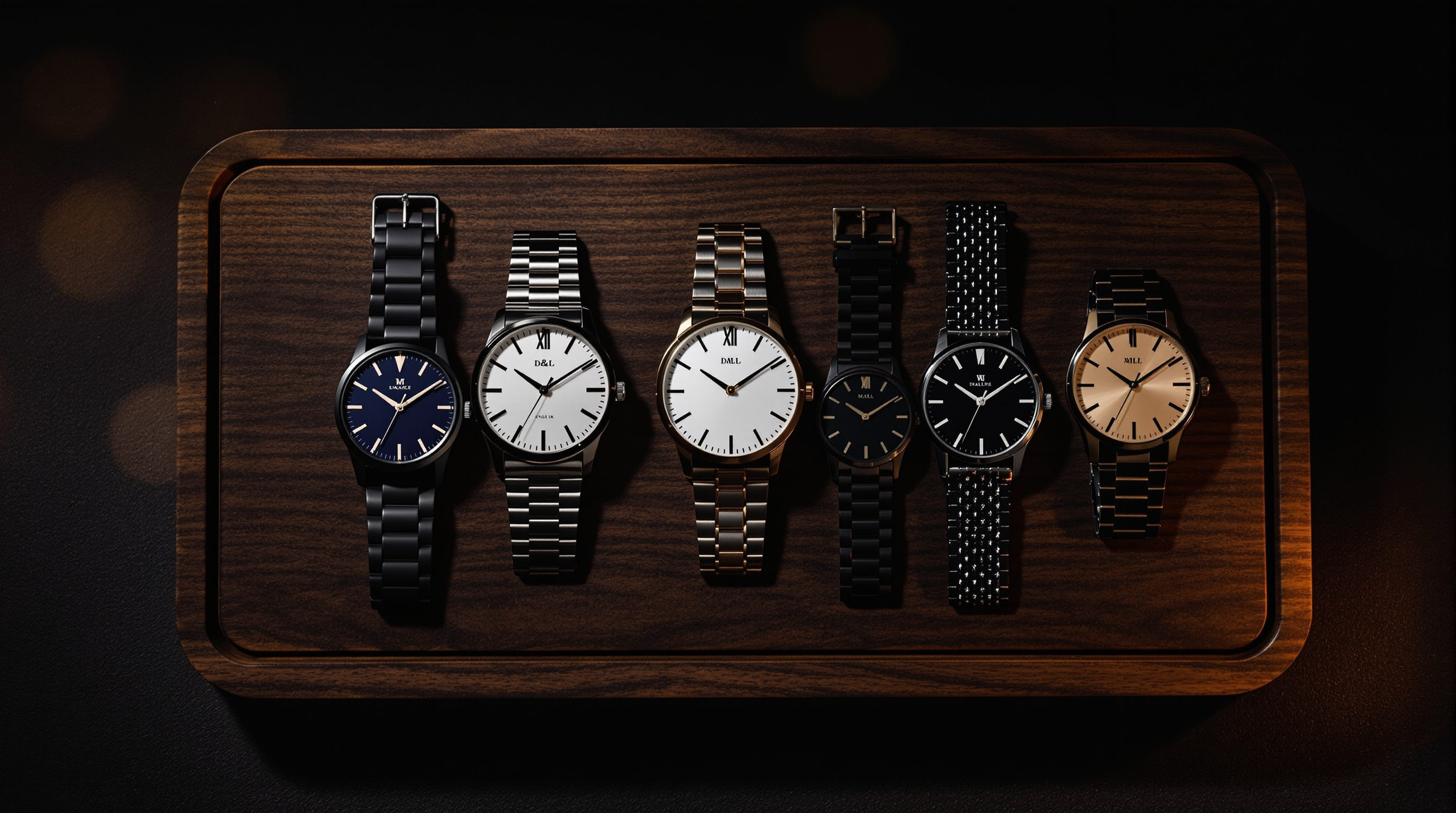 Luxury watch collection displayed on walnut watch tray