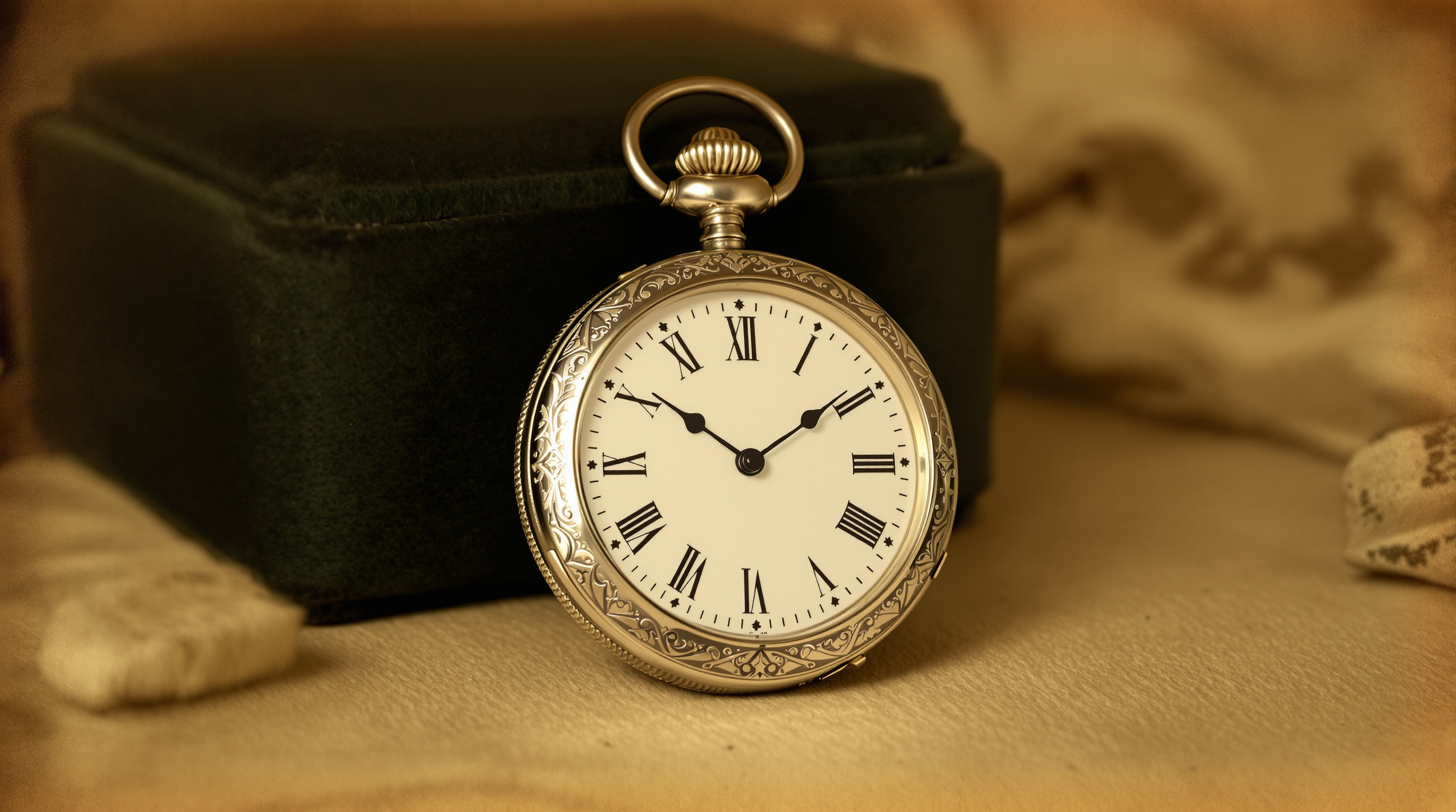 Antique silver pocket watch with white enamel dial displayed on aged velvet