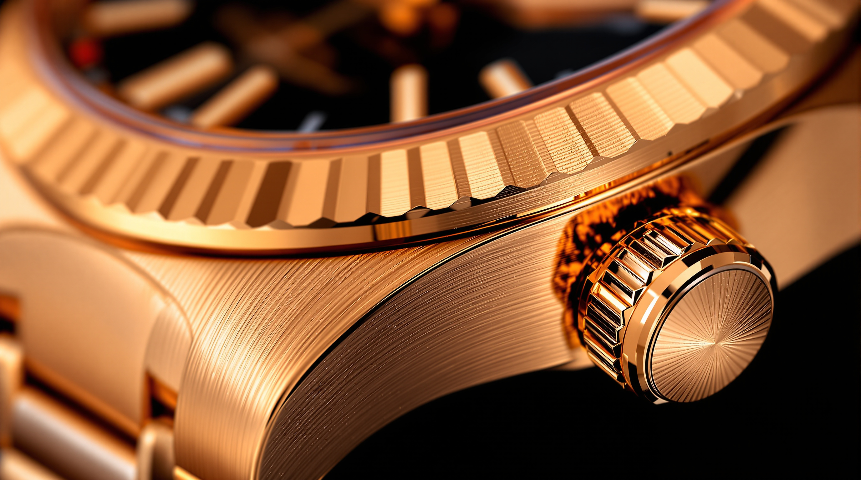 18k rose gold luxury watch case showing brushed and polished finishing