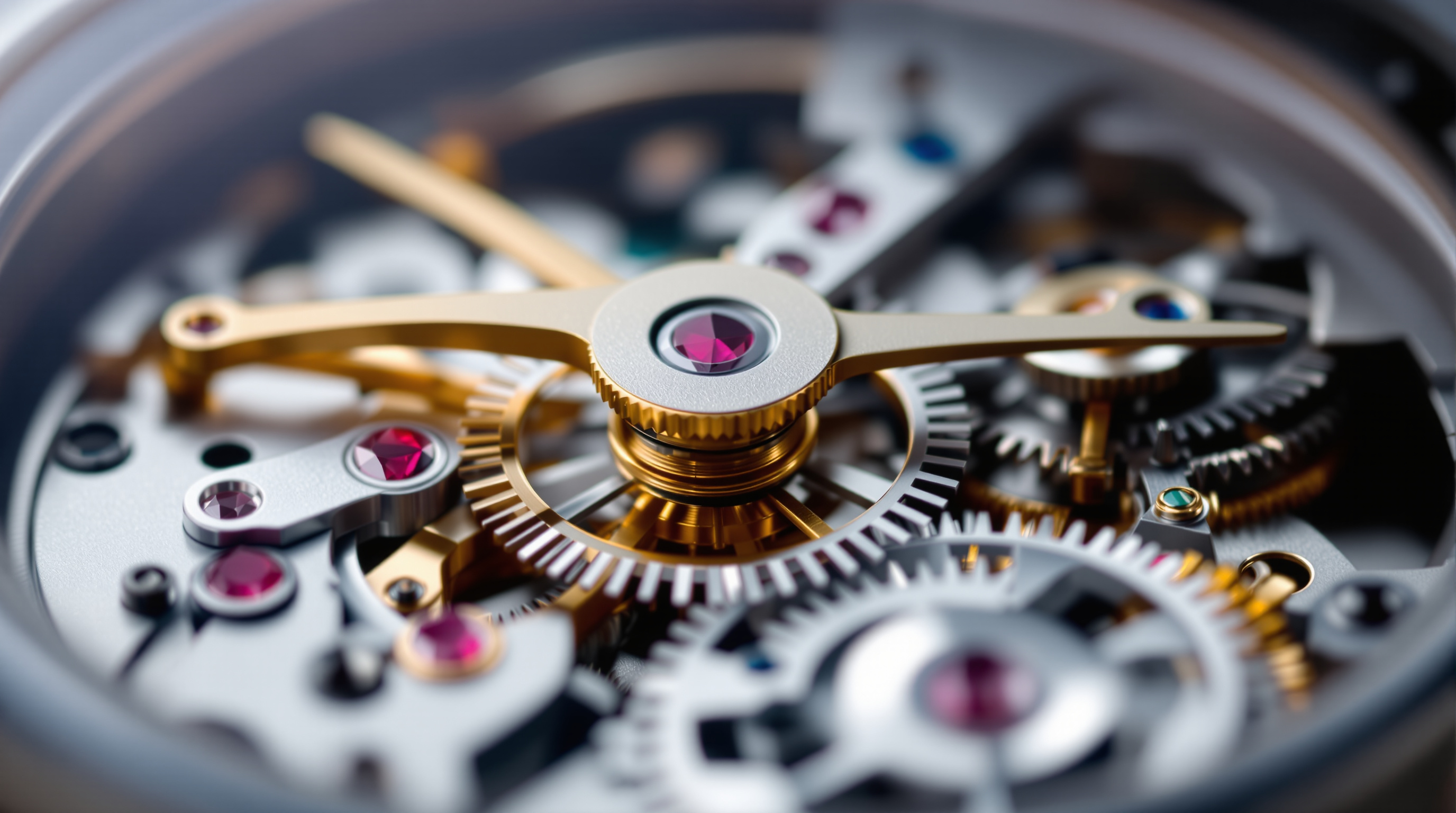 Macro view of mechanical watch movement showing intricate gears and balance wheel