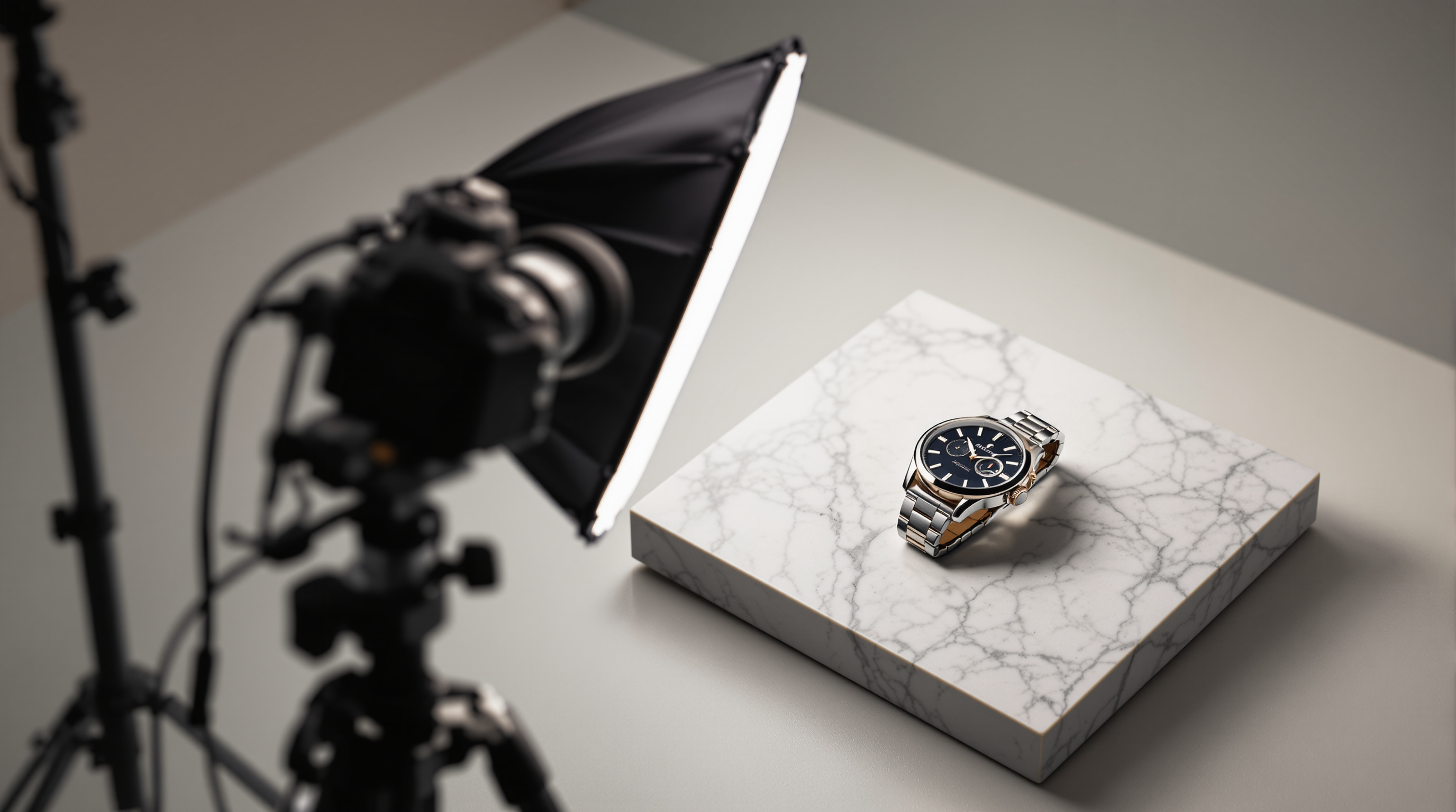 Professional watch photography studio setup with camera and lighting